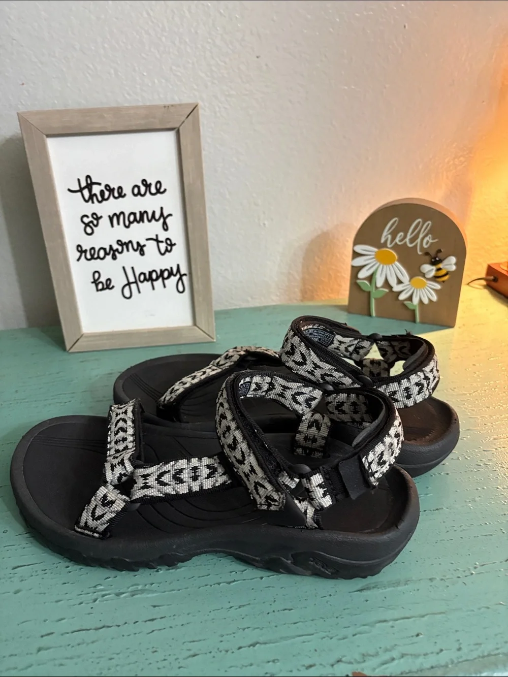 Teva Black Sandals with Black & White Patterned Webbing